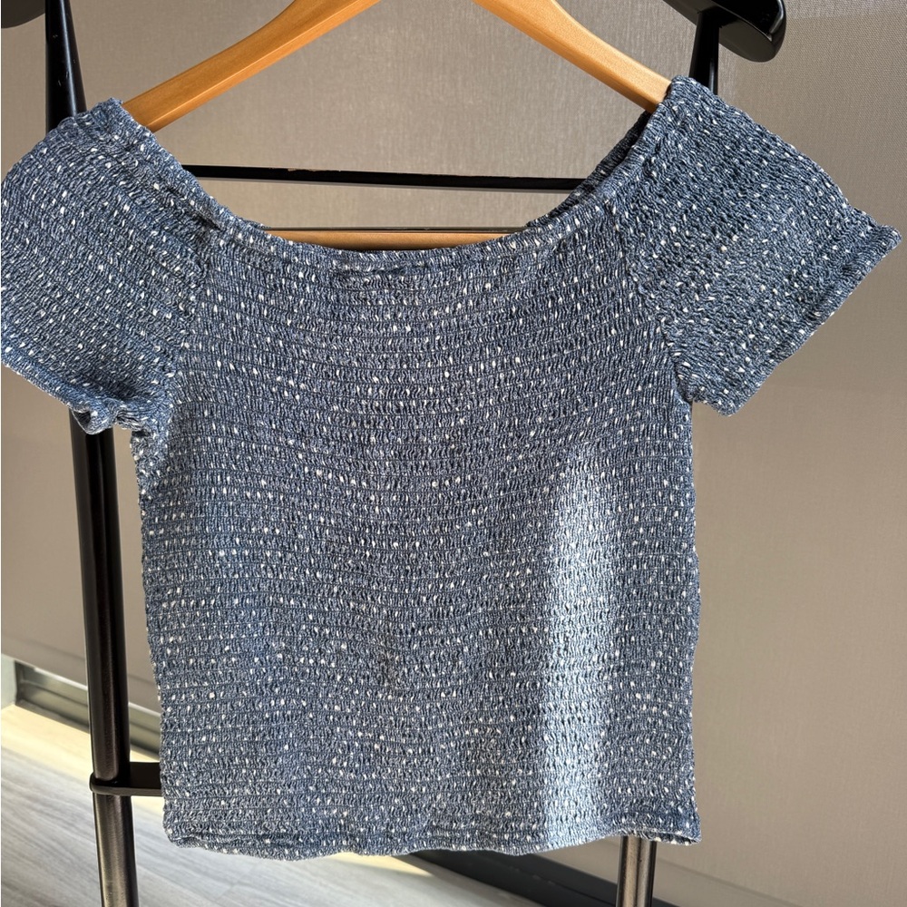 Blue Smocked Off-Shoulder Top